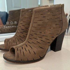 Restricted Zip Back Peep Toe Suede Bootie heels